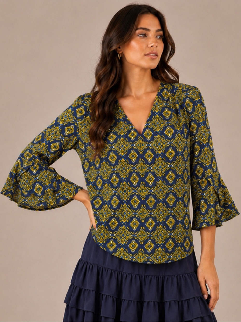 41 Hawthorn Navy and Yellow Patterned Blouse